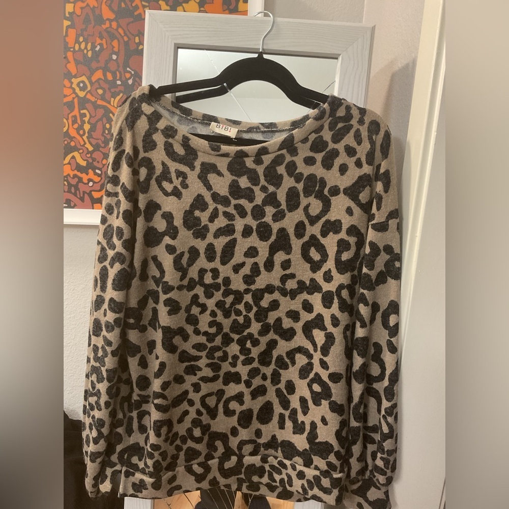 BiBi Taupe & Black Leopard Print Pullover Sweater
